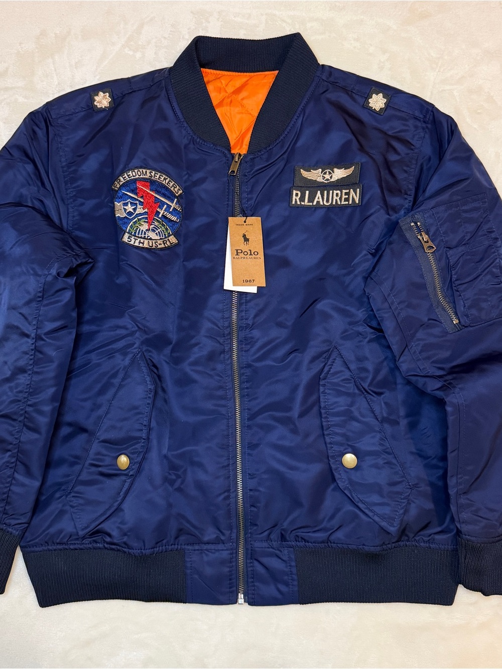 Polo Ralph Lauren Mens Bomber Jacket Medium Navy Orange Military Patches NWT